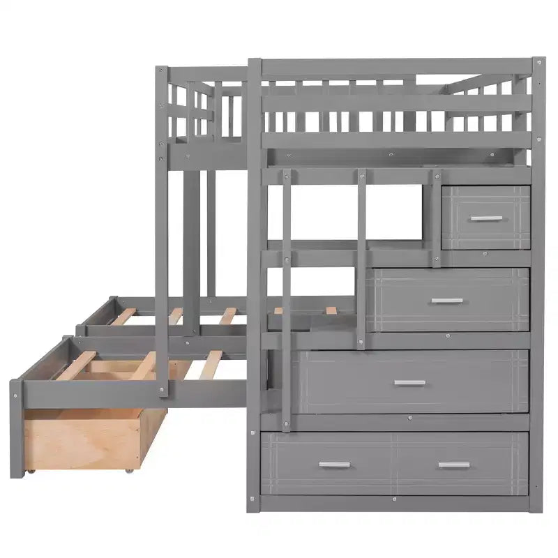 Whisen stapelbed met een twijfelaar boven een eenpersoonsbed en een extra eenpersoonsbed, houten driedubbel stapelbed met laden en valbeveiliging