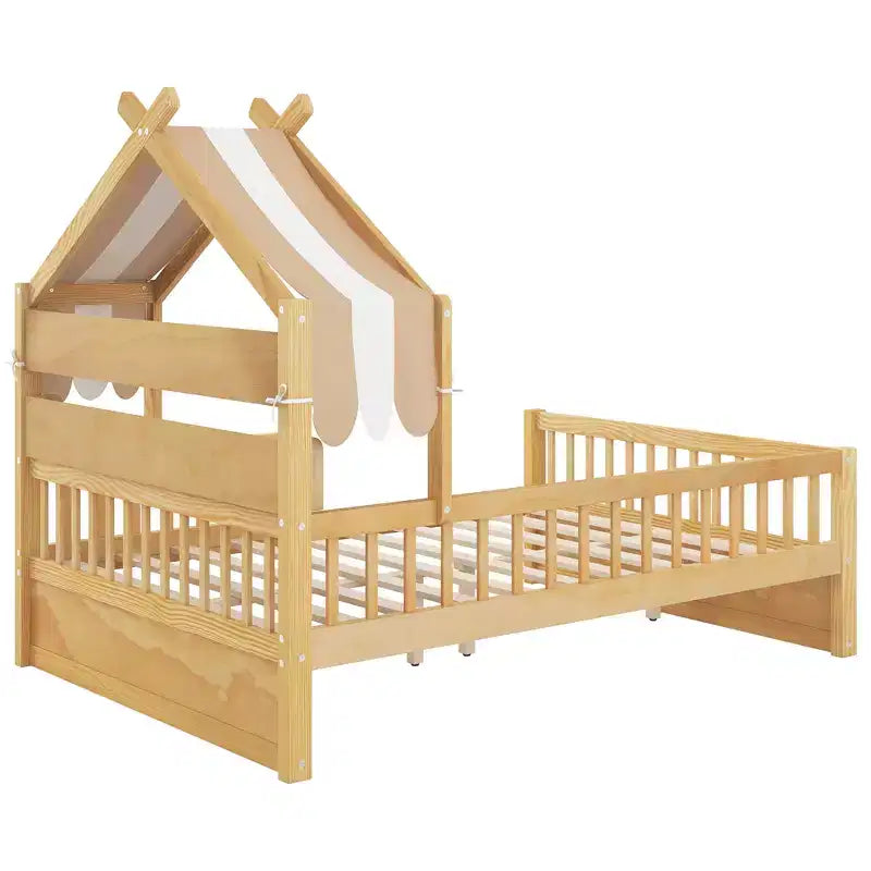 ModernLuxe Holzhüttenbett in Twin-/Full-Größe mit Stauraum-Kopfteil, Kinderbettgestell aus massivem Kiefernholz mit Schutzgittern
