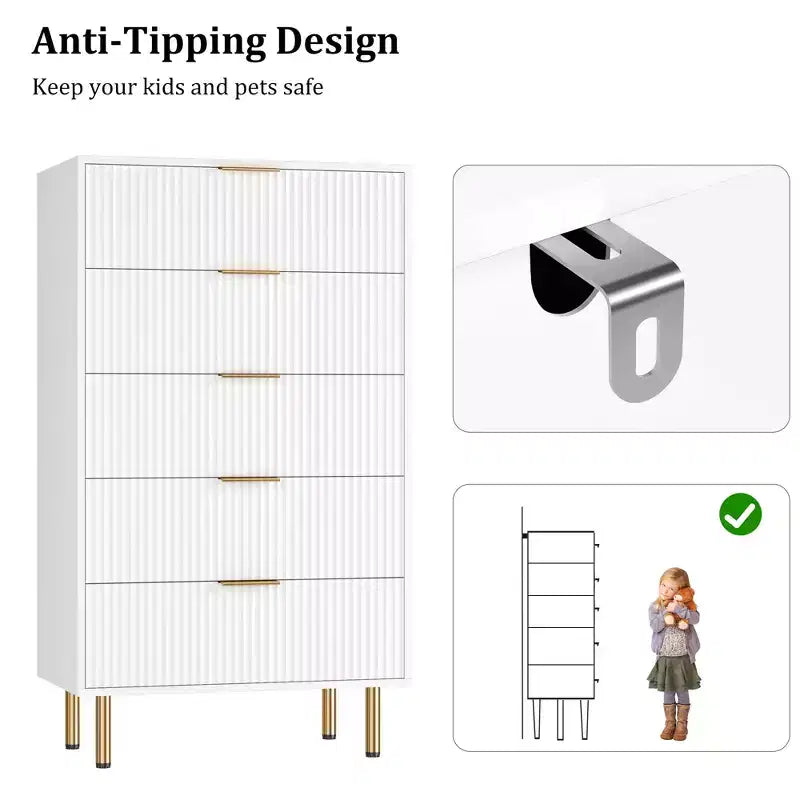 Commode blanche / marbre et bois à 5 tiroirs ?C panneau cannelé, pour 1 personne