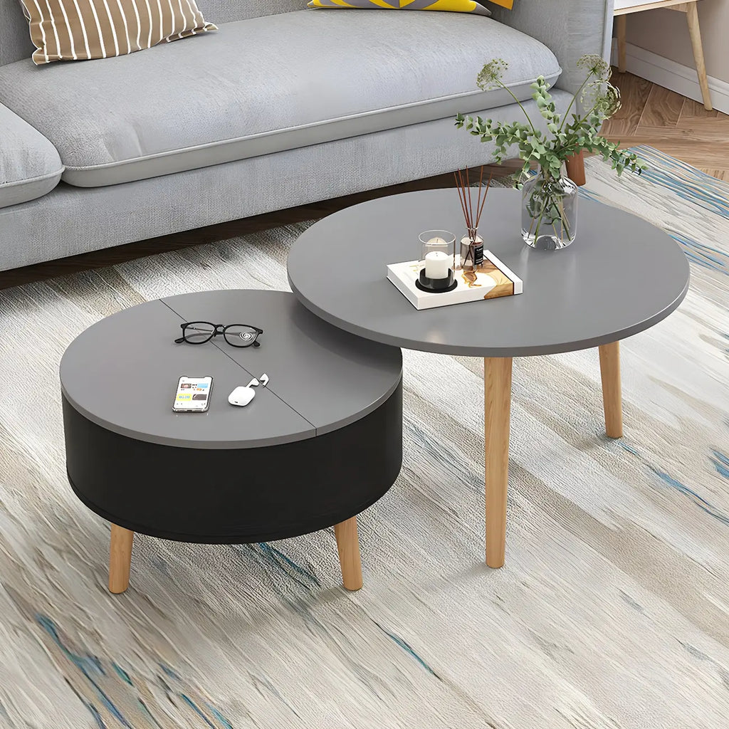 Moderner runder Couchtisch aus Holz in Schwarz und Weiß mit Stauraum