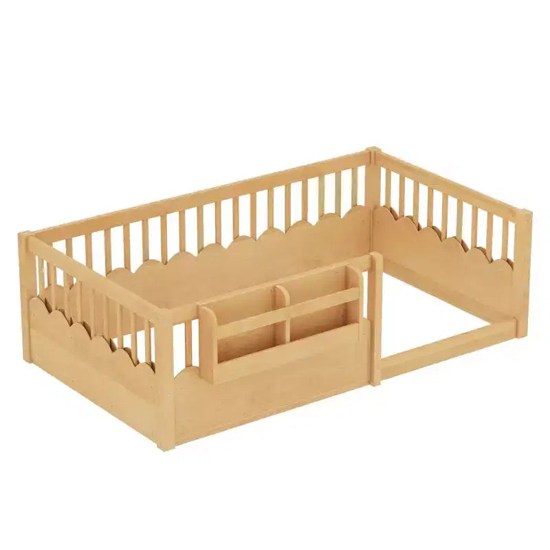 Lit au sol pour enfant Bellemave avec barrières surélevées et bibliothèque, cadre de lit Montessori en bois pour lit simple, pour filles et garçons