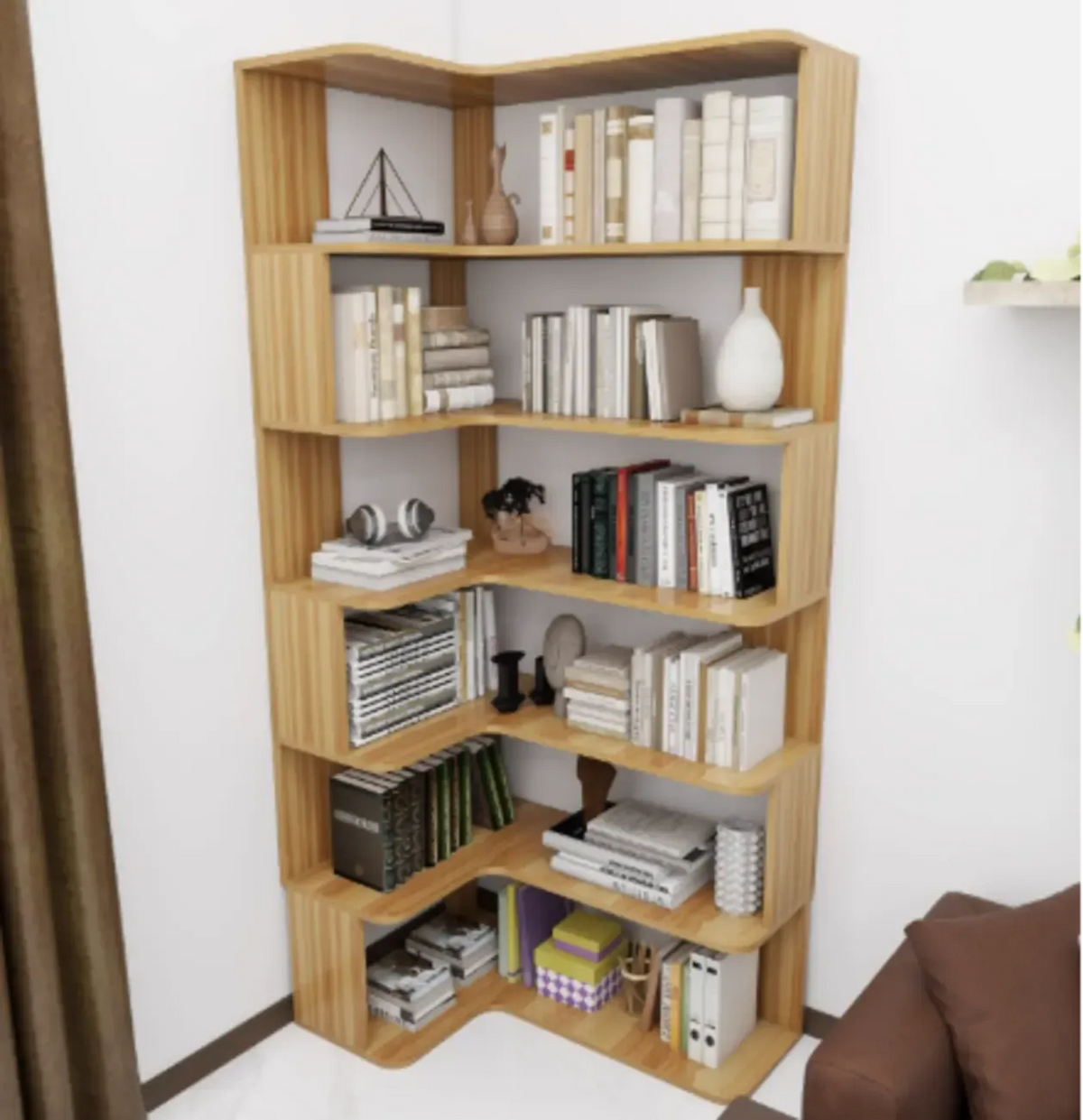 Hoekboekenkast van bewerkt hout met 6 planken