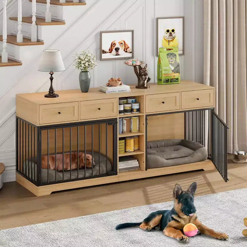 Meuble double cage pour chiens 82, grand chenil d’intérieur pour 2 chiens, cage en bois robuste faisant office de meuble TV avec 4 tiroirs et des étagères