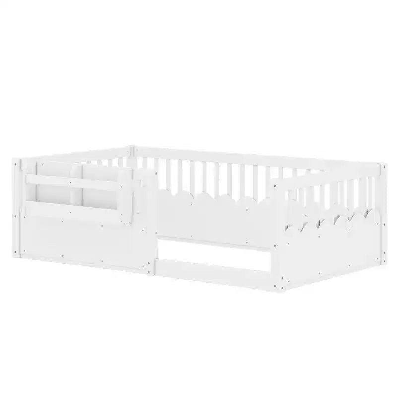 Lit au sol pour enfant Bellemave avec barrières surélevées et bibliothèque, cadre de lit Montessori en bois pour lit simple, pour filles et garçons