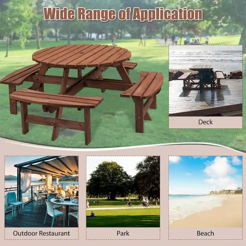 Rundes Picknickset aus Douglasienholz für 8 Personen für Terrasse und Garten, mit 4 integrierten Bänken und Schirmloch