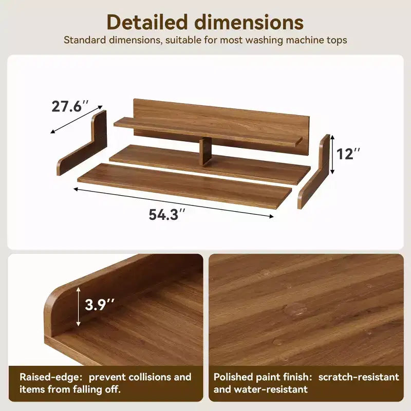 Houten blad voor wasmachine en droger, wasblad van 54 met opbergplank met 2 niveaus, antislip werkblad met opstaande randen voor een georganiseerde wasruimte