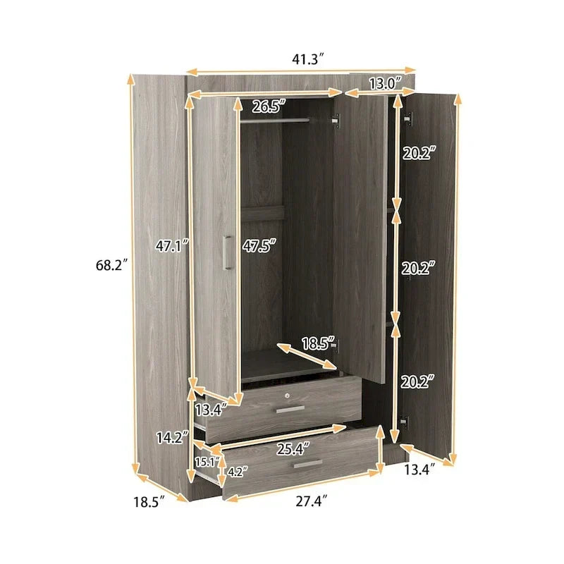 Kleiderschrank mit 3 Türen und 2 Schubladen