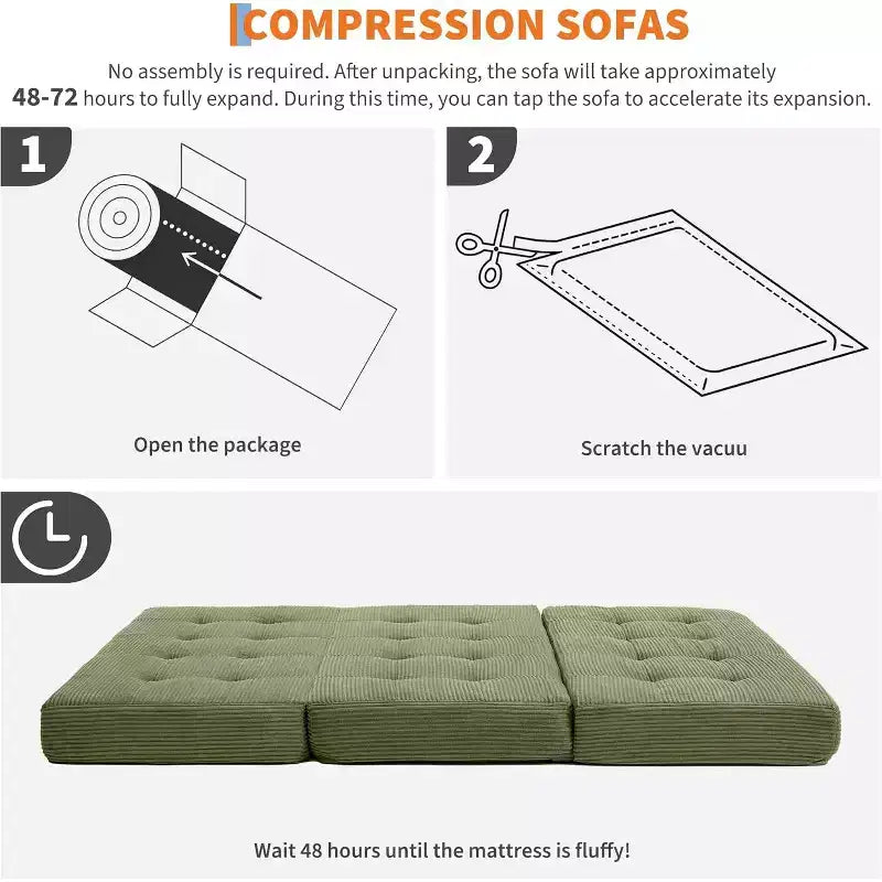 Składany materac SunnyFurn o grubości 6 Inch, rozkładana sofa 3-częściowa, piankowe łóżko dla gości 75X54.3 z prążkowanego sztruksu, przenośne na kemping, do salonu i sypialni