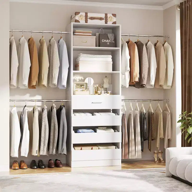Système d'aménagement de dressing en bois Besiost de 4 à 9 pi avec 4 tiroirs, 4 tringles et des colonnes d'étagères