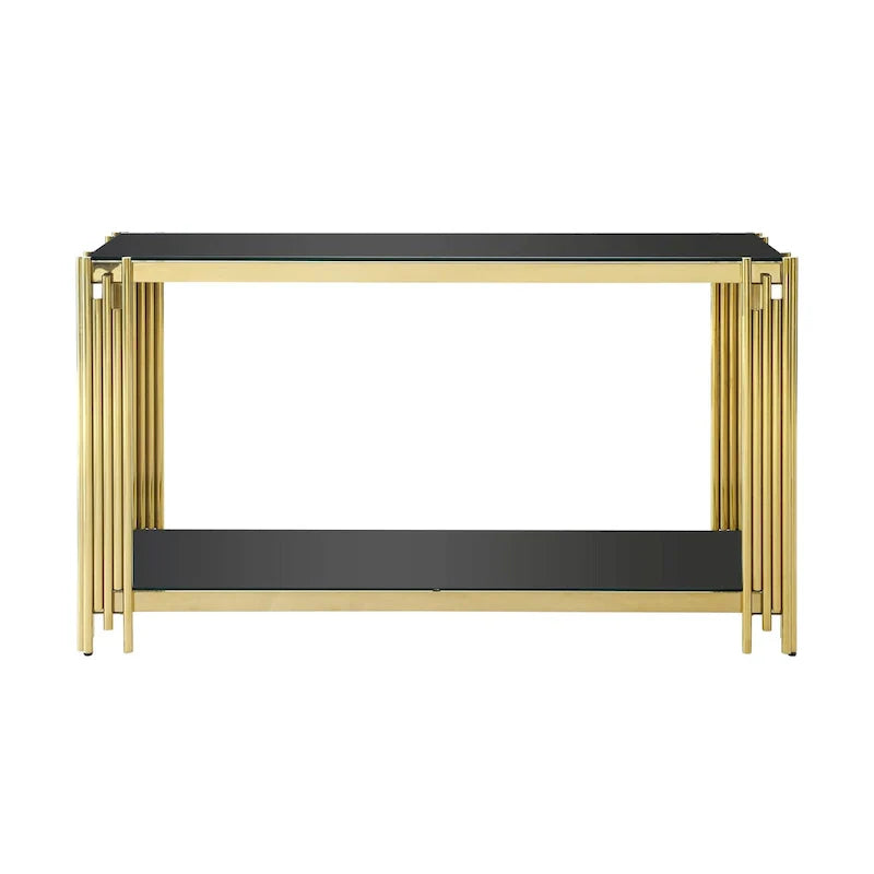 Schmaler Konsolentisch mit 2 Ebenen, goldfarbenem Metallgestell und Tischplatte aus gehärtetem Glas