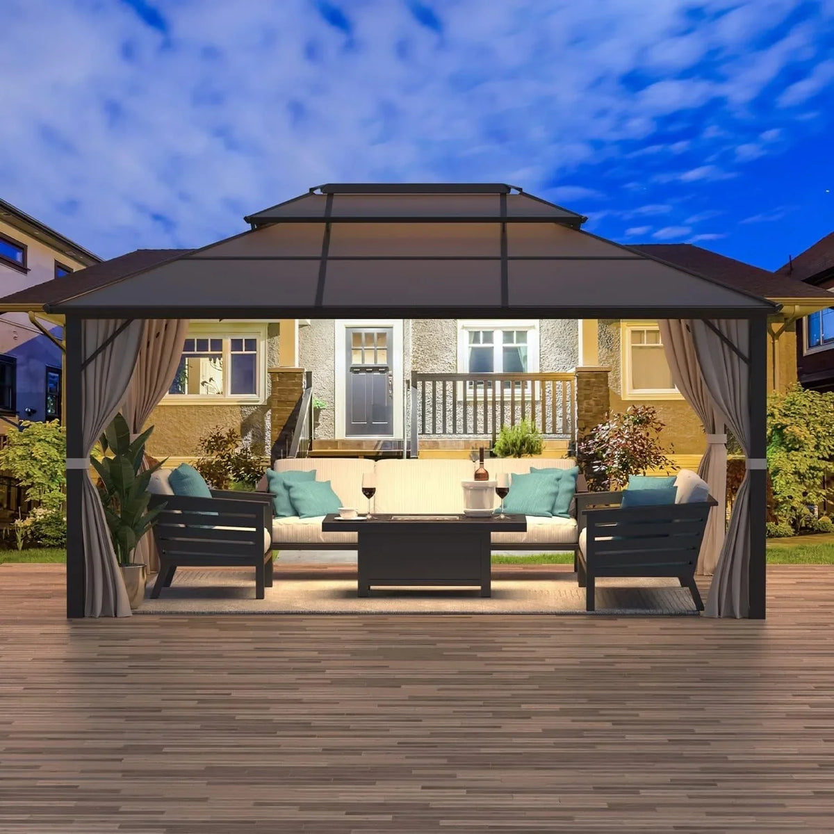 EROMMY Pavillon mit festem Dach, Pergola für den Außenbereich mit Doppeldach, Moskitonetz und Vorhängen, strapazierfähiges Sonnendach für Terrasse, Garten und Poolpartys