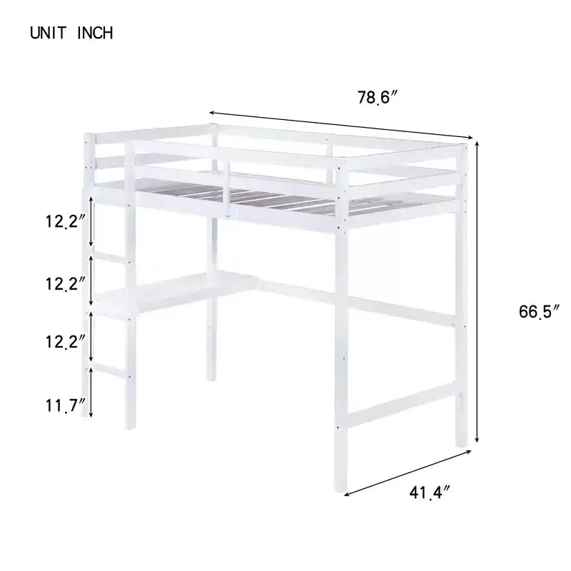Okak minimalistisches Hochbett mit Leiter, Hochbett für Einzelbettmatratze aus Gummibaumholz mit Sicherheitsgeländer und eingebautem Schreibtisch, Bettgestell für Kinder und Jugendliche