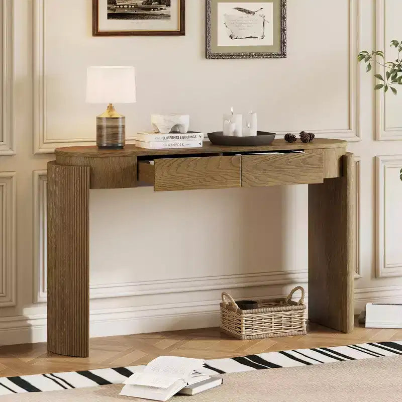 Moderne consoletafel van Merax met ovaal blad, gecanneleerde gebogen poten en twee verborgen laden