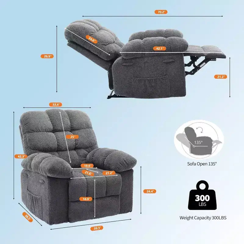 Manueller Relaxsessel aus ergonomischem, atmungsaktivem Stoff mit Seitentaschen, Einzelsessel, geeignet für Wohnzimmer und Schlafzimmer
