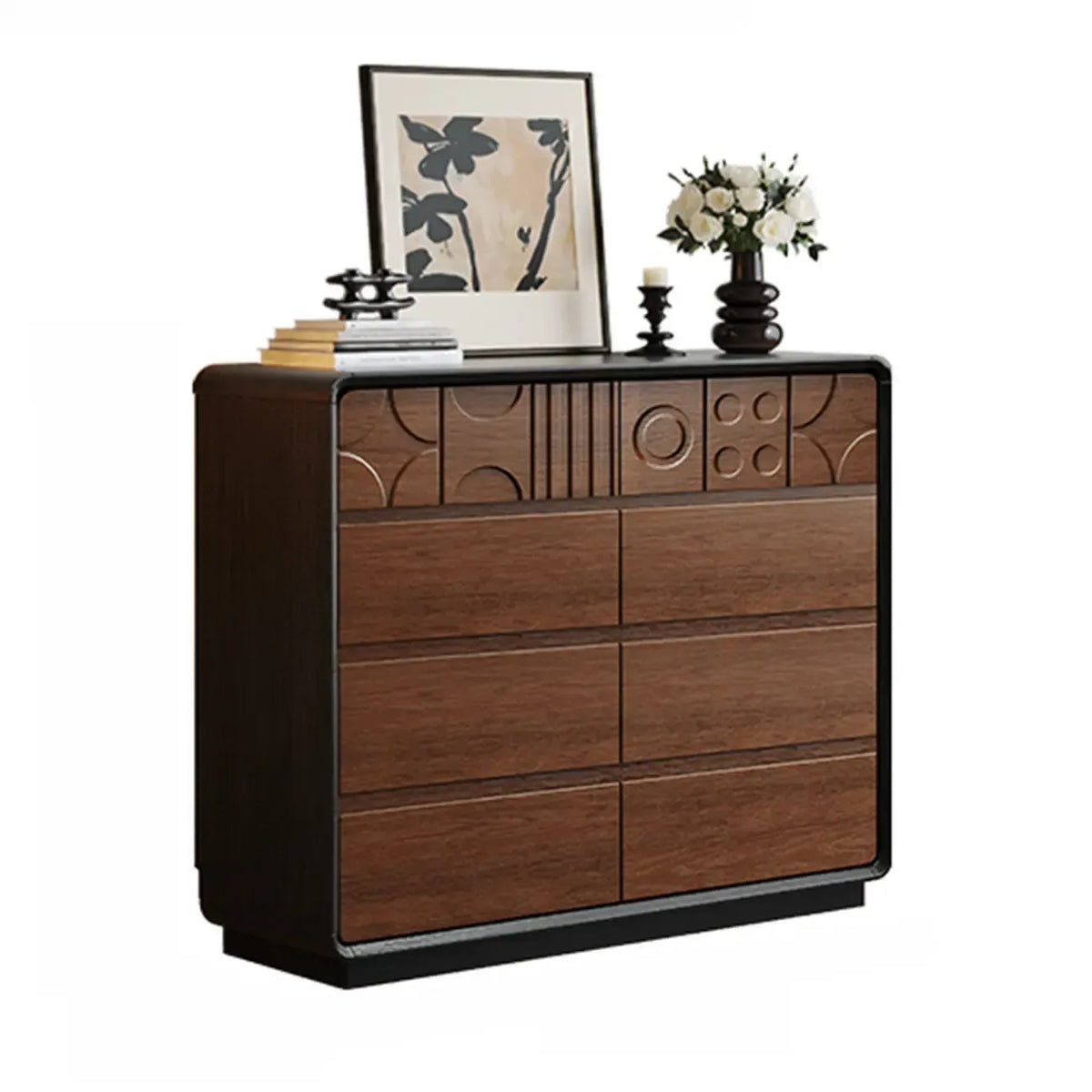 Drewniana komoda inspirowana stylem art déco z geometrycznymi rzeźbieniami