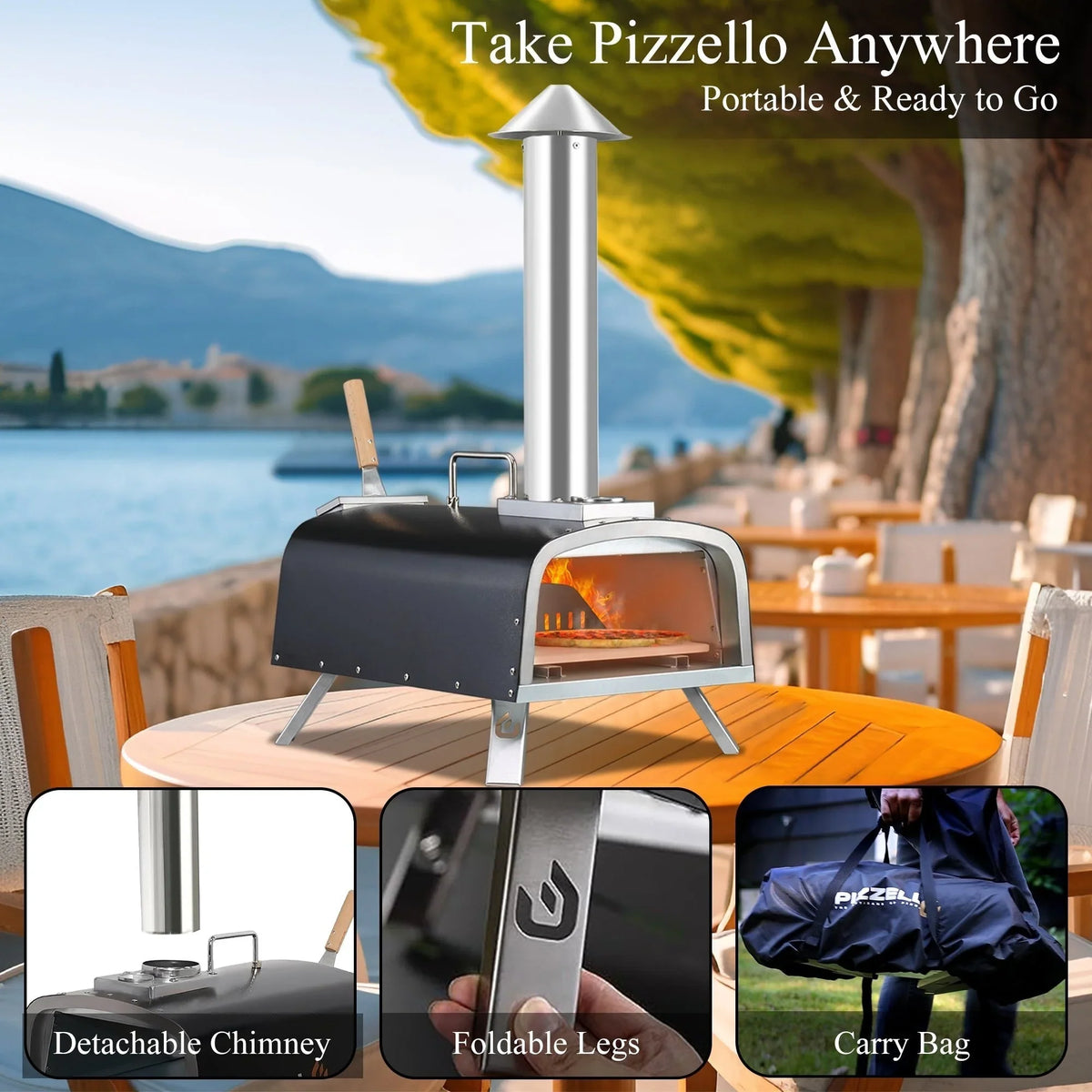 Multifuel-Pizzaofen für draußen, Pizzabäcker für Steinofenpizza mit Gasbrenner und Holzbox - 12 inch