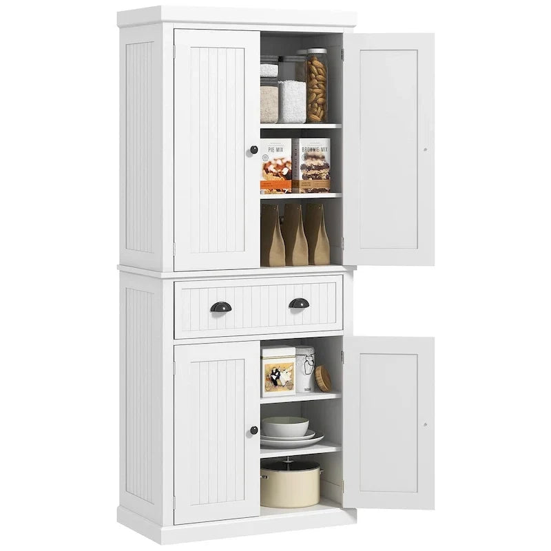 Garde-manger de cuisine de 72, armoire traditionnelle autoportante avec 4 portes et 3 étagères réglables, grand tiroir central