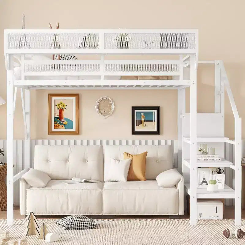 Lit mezzanine Okak 94IN pour lit simple avec armoire, lit simple avec étagères de rangement et panier, cadre de lit pour chambre ou résidence étudiante