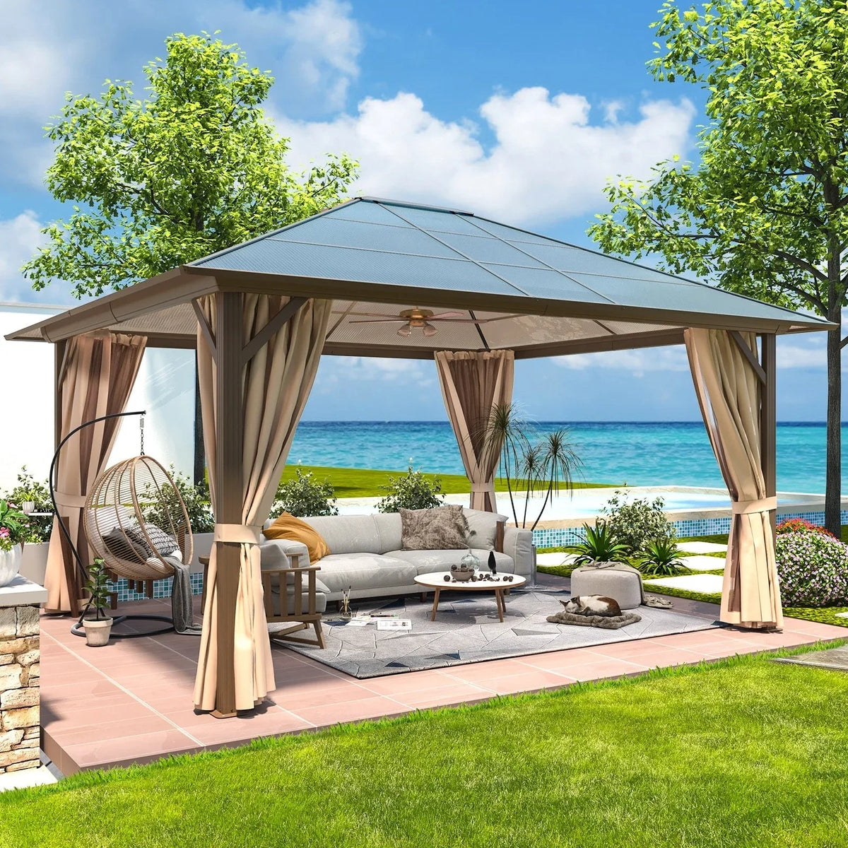 EROMMY Pavillon mit festem Dach, Pergola für den Außenbereich mit Doppeldach, Moskitonetz und Vorhängen, strapazierfähiges Sonnendach für Terrasse, Garten und Poolpartys
