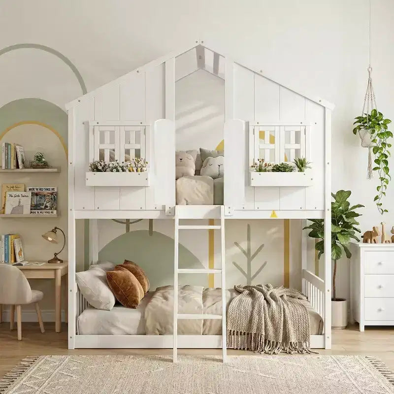 Hoogslaper in huisvorm voor een eenpersoonsbed, houten speelhuis-hoogslaper met ladder en veiligheidsleuningen voor kinderen