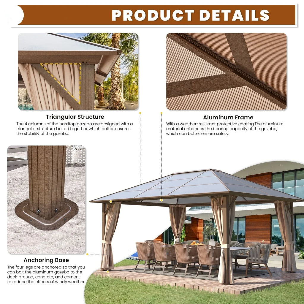 EROMMY Pavillon mit festem Dach, Pergola für den Außenbereich mit Doppeldach, Moskitonetz und Vorhängen, strapazierfähiges Sonnendach für Terrasse, Garten und Poolpartys