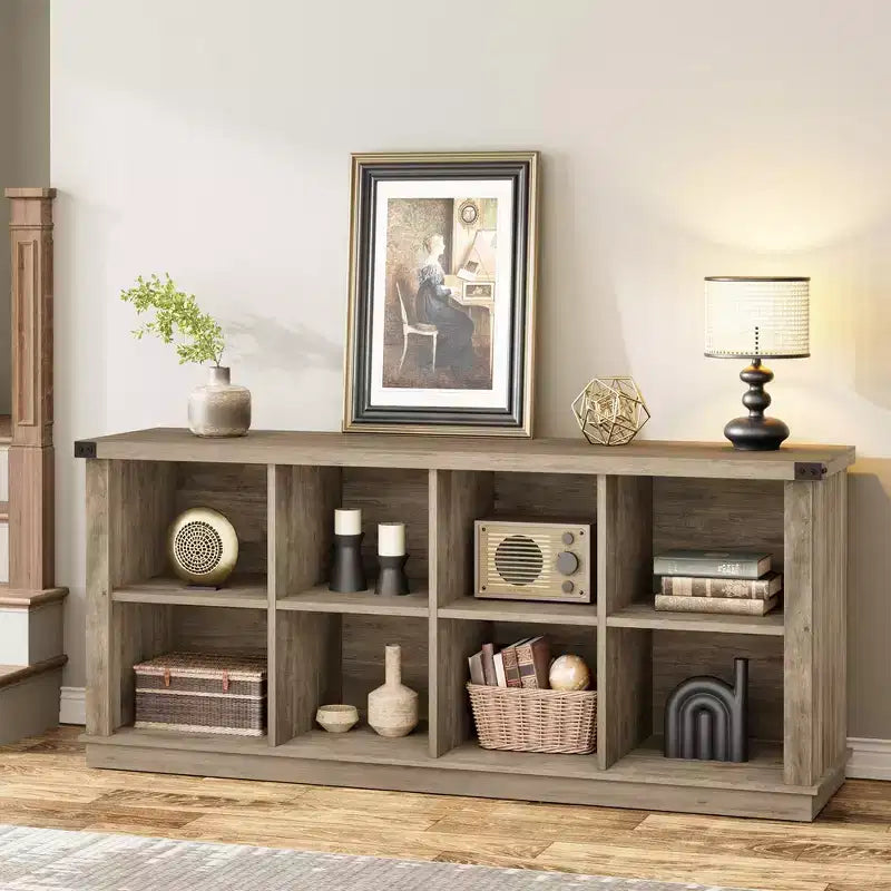 Bibliothèque de rangement à 8 casiers, style champêtre, modèle horizontal, bibliothèque en bois de 62 pouces pour entrée, longues bibliothèques basses pour salon