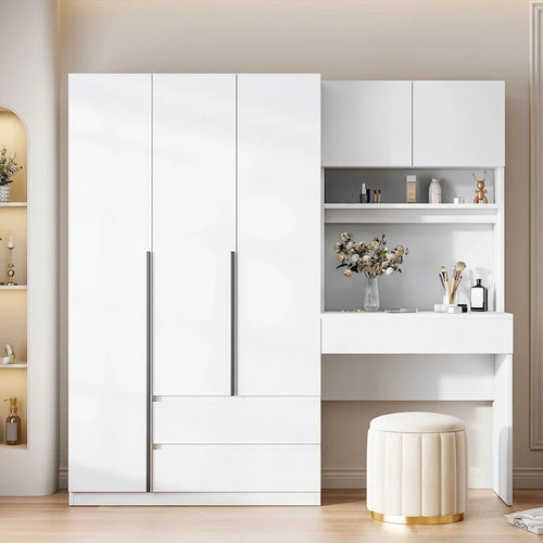 3-in-1-Kleiderschrank mit Schminktisch, Schreibtisch-Set, Schlafzimmerschrank mit 2 Schubladen, 3 Türen und Stauraum