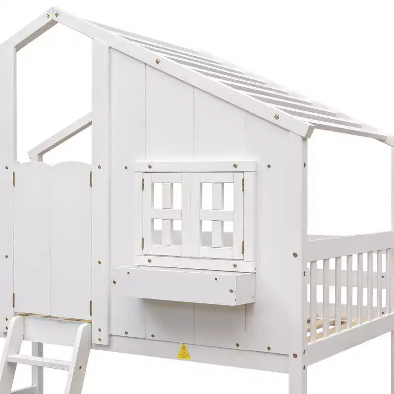 Hoogslaper in huisvorm voor een eenpersoonsbed, houten speelhuis-hoogslaper met ladder en veiligheidsleuningen voor kinderen