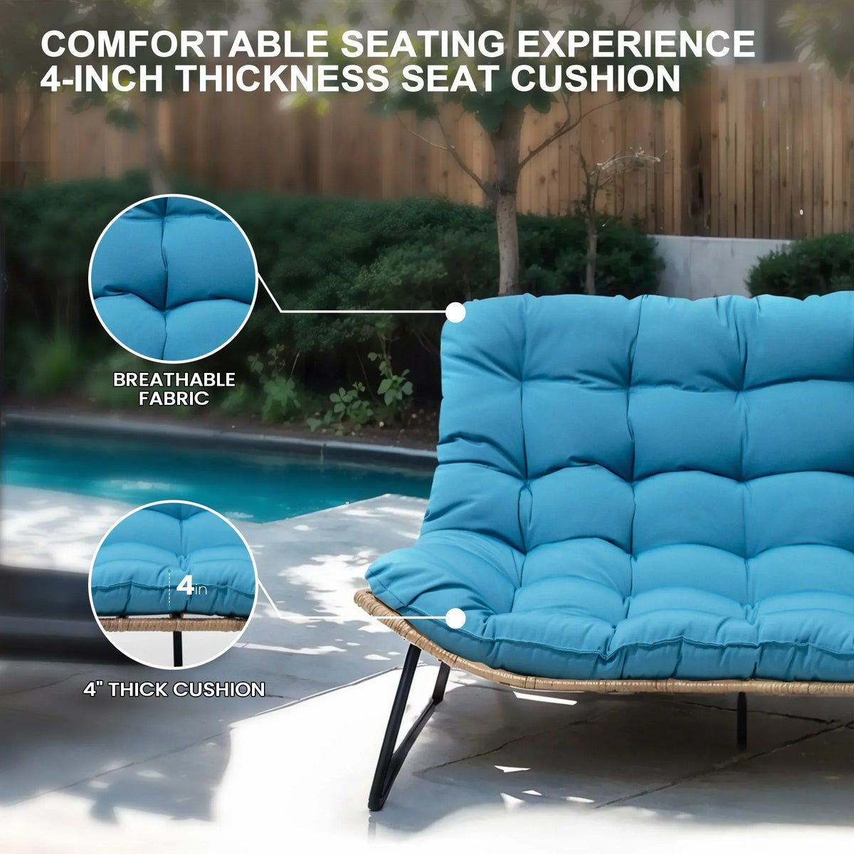 Doppel-Papasan-Sofa mit Sitzkissen, wetterfestes PE-Rattan und Metallgestell für Innen- und Außenbereich