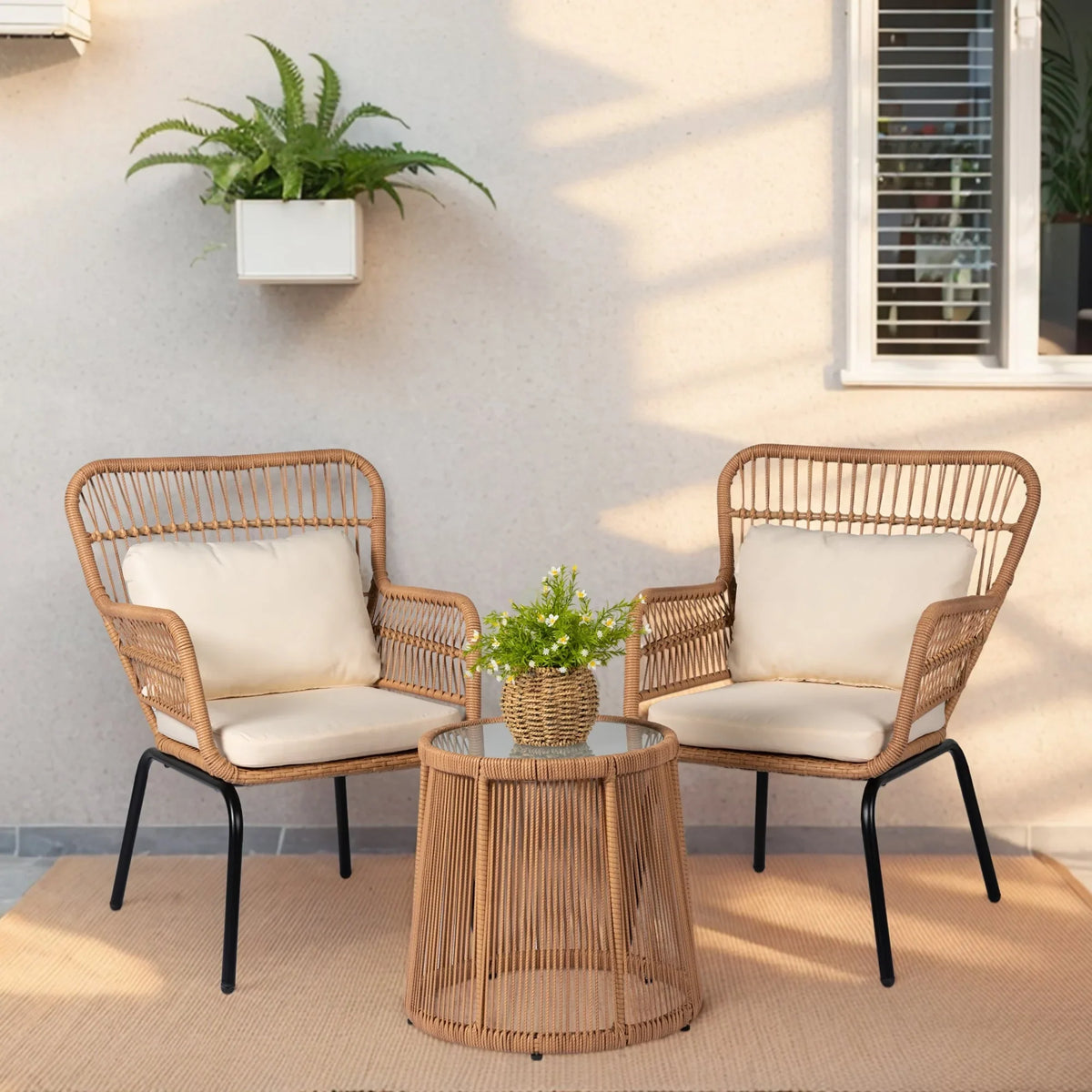 3-delige bistroset van tuinmeubelen van riet, weerbestendige rotanset met tuinstoelen en kussens