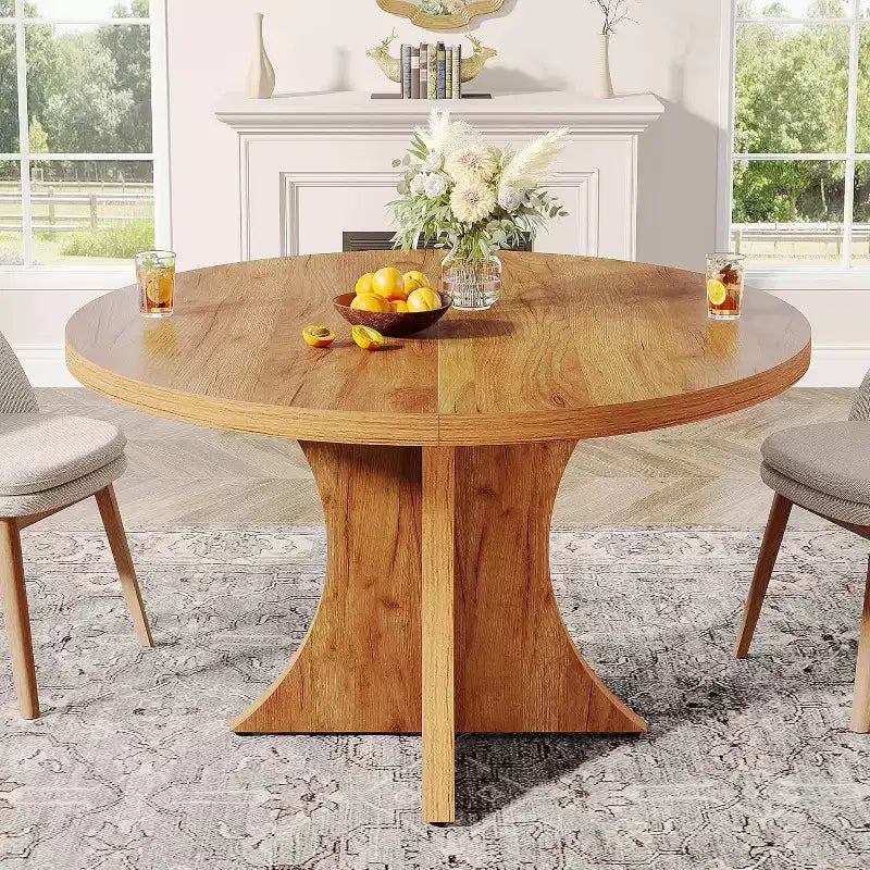 Lantine runder Esstisch mit 47.24 Zoll Durchmesser für 4-6 Personen, Küchentisch im Landhausstil mit Säulenfuß, kleiner Esstisch für Esszimmer und Wohnzimmer, braun
