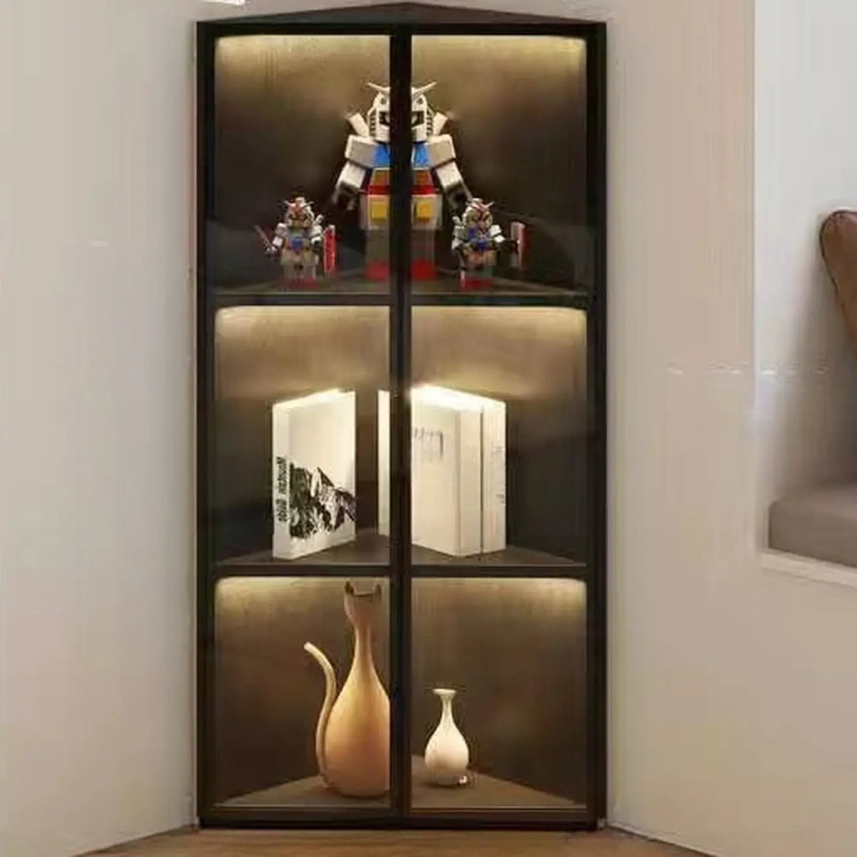 Moderne grijze metalen houten hoekvitrinekast met glazen deur