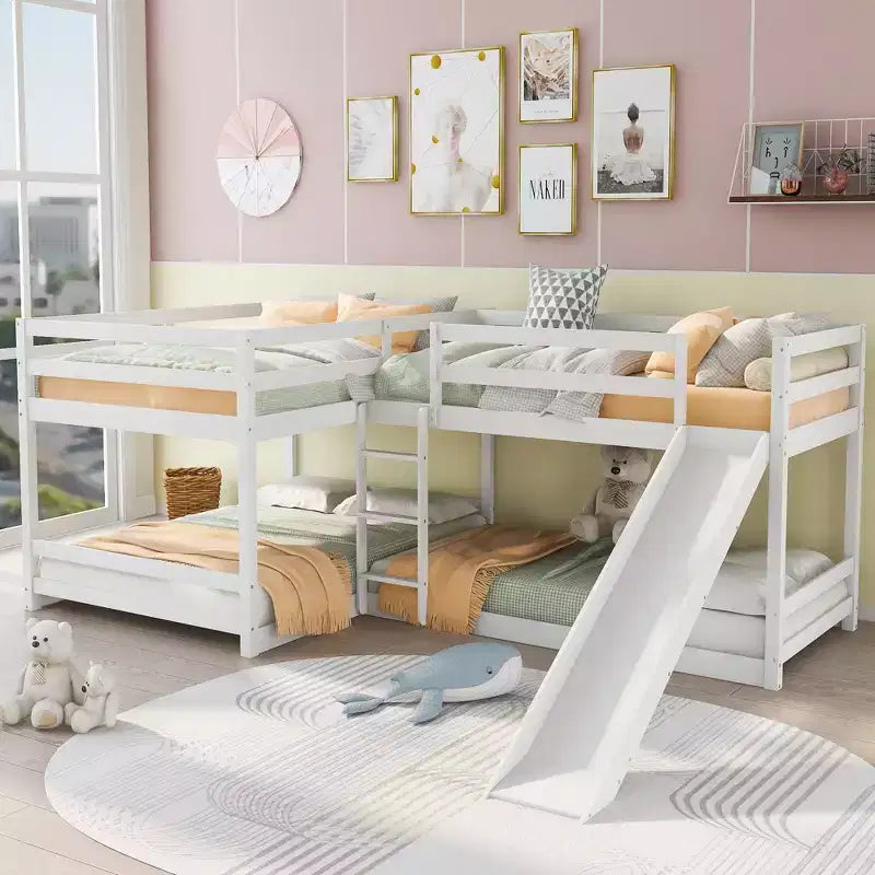 L-vormig stapelbed voor 4 kinderen, stapelbed voor vier met glijbaan, eenpersoonsbed en tweepersoonsbed, houten frame voor slaapkamer of studentenhuis