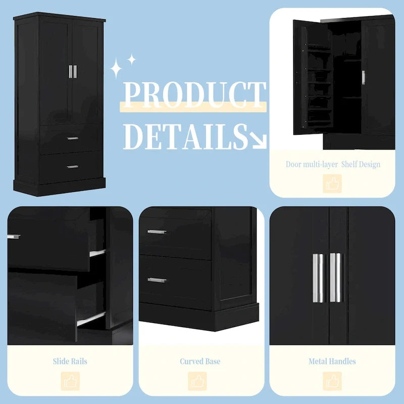 Armoire de rangement haute pour salle de bains avec deux portes et tiroirs, étagère réglable, panneau MDF