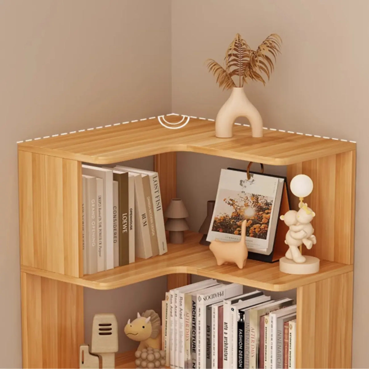 Hoekboekenkast van bewerkt hout met 6 planken
