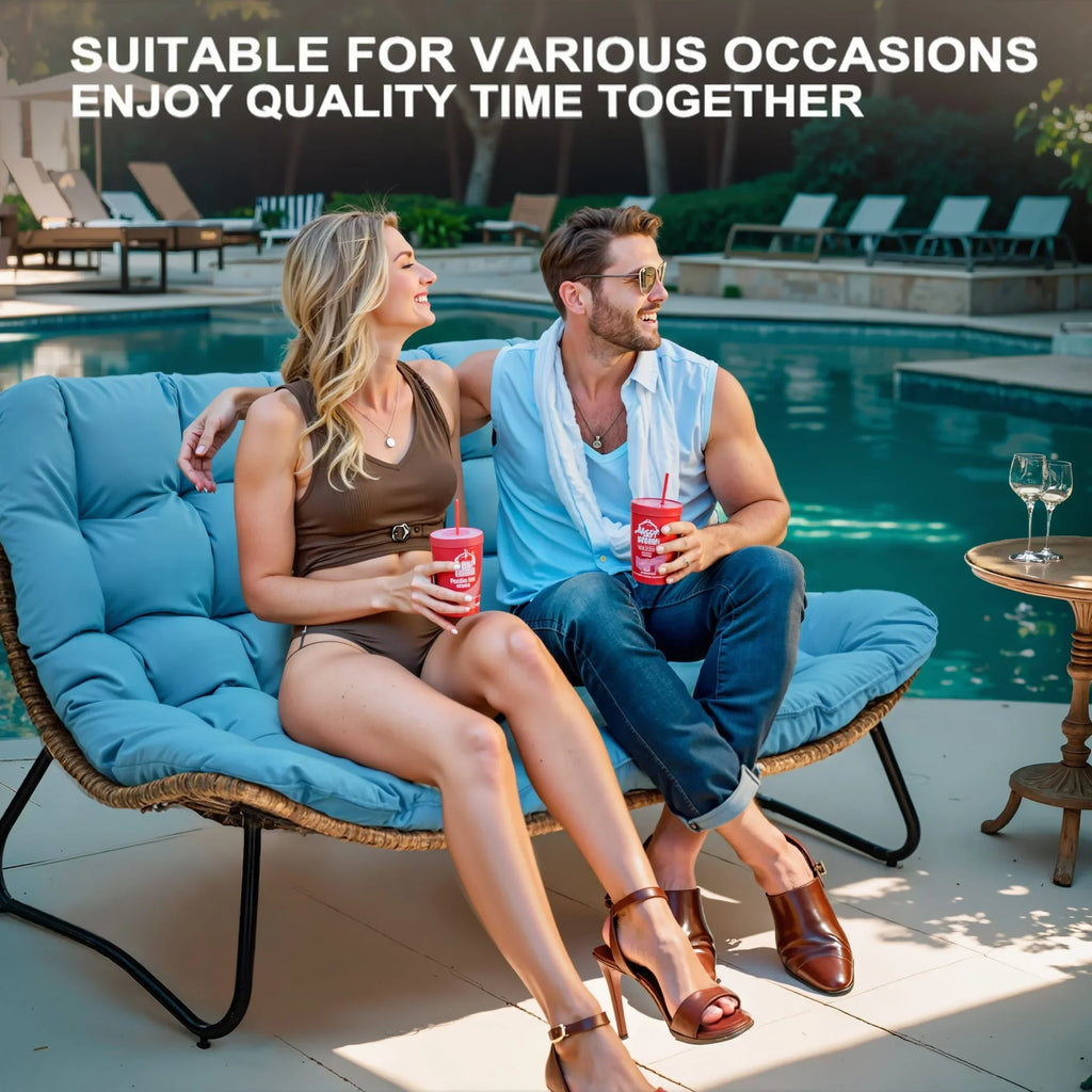 Doppel-Papasan-Sofa mit Sitzkissen, wetterfestes PE-Rattan und Metallgestell für Innen- und Außenbereich