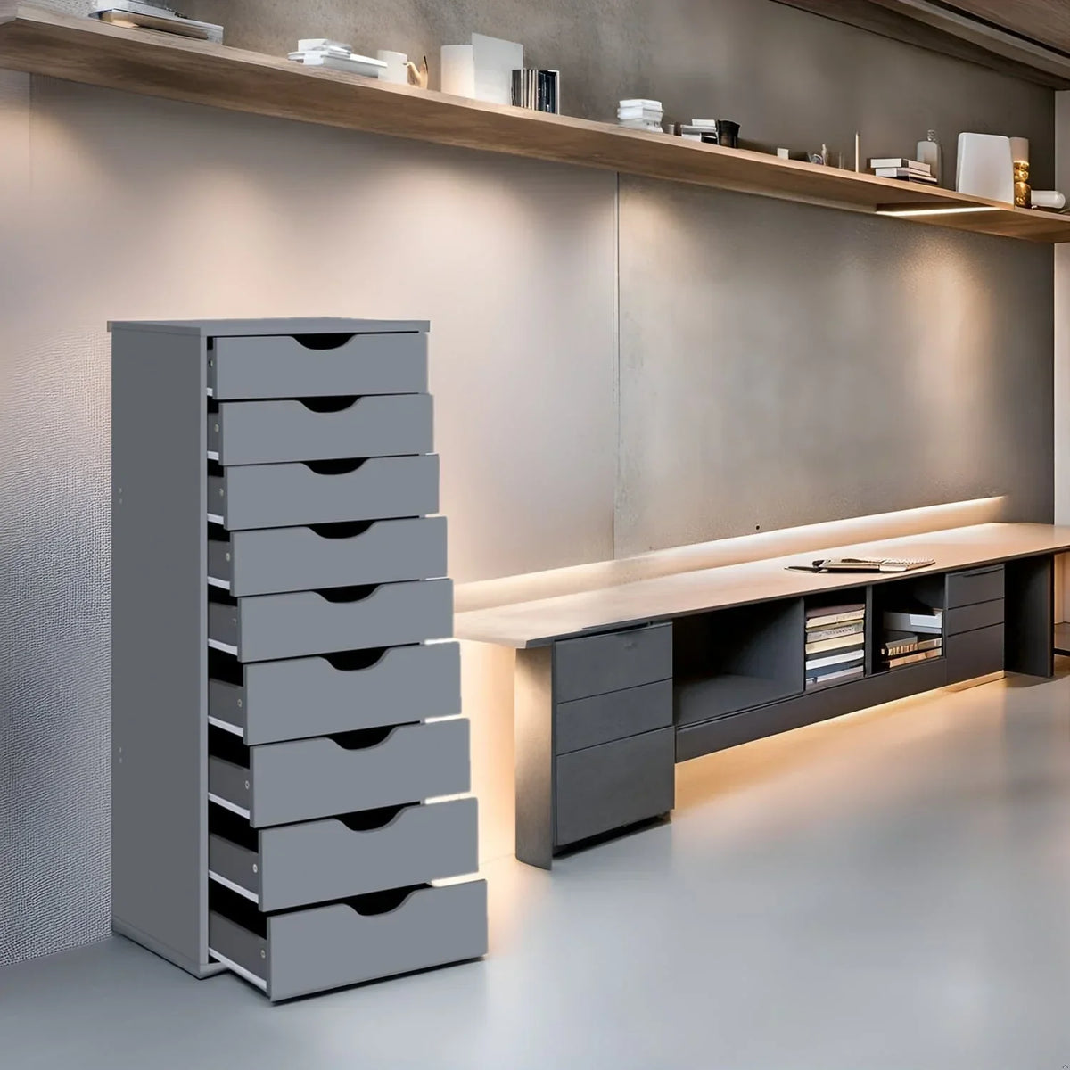 Smalle houten kast met 9 lades, soepel lopende lades en opbergplank bovenop