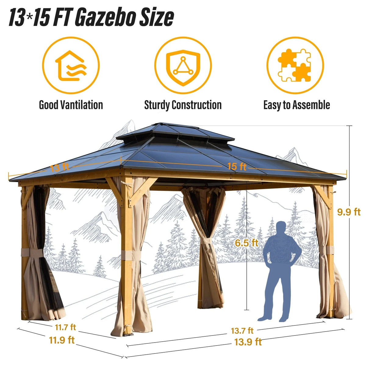 EROMMY Pavillon mit festem Dach, Pergola für den Außenbereich mit Doppeldach, Moskitonetz und Vorhängen, strapazierfähiges Sonnendach für Terrasse, Garten und Poolpartys