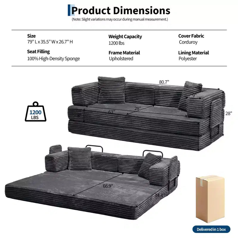 80.7 5-in-1-Schlafsofa mit Cordbezug, 1200 lbs, keine Montage erforderlich