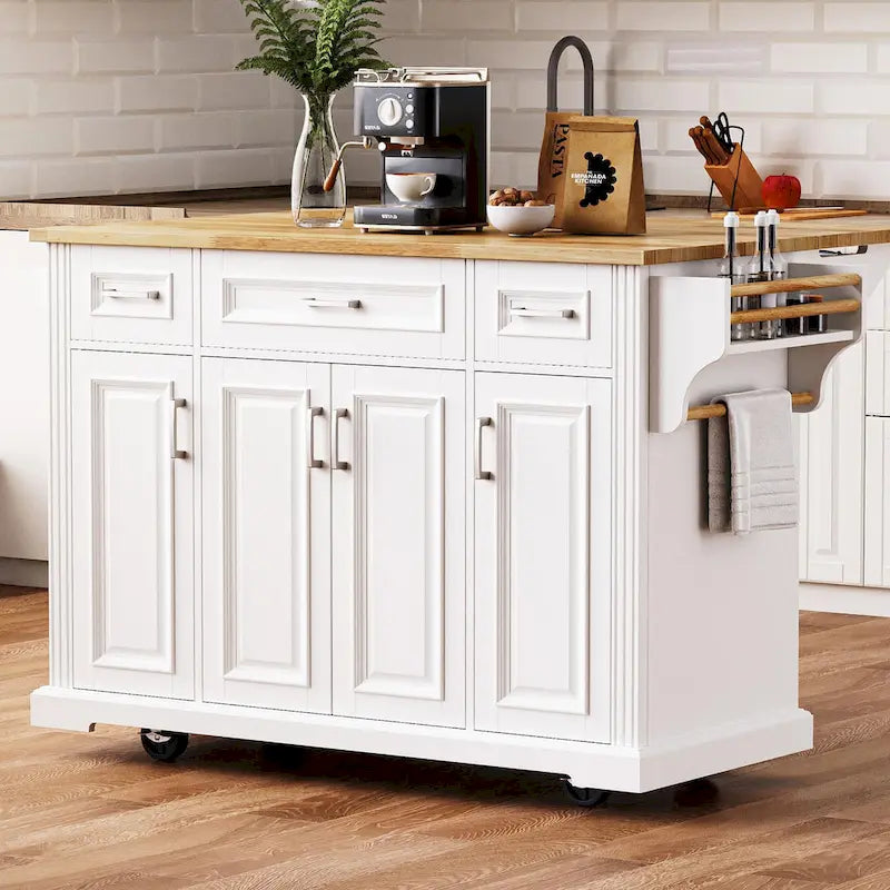 Grand îlot de cuisine avec rallonge rabattable en bois, chariot de cuisine roulant à texture gaufrée avec portes et tiroirs et rangements, blanc