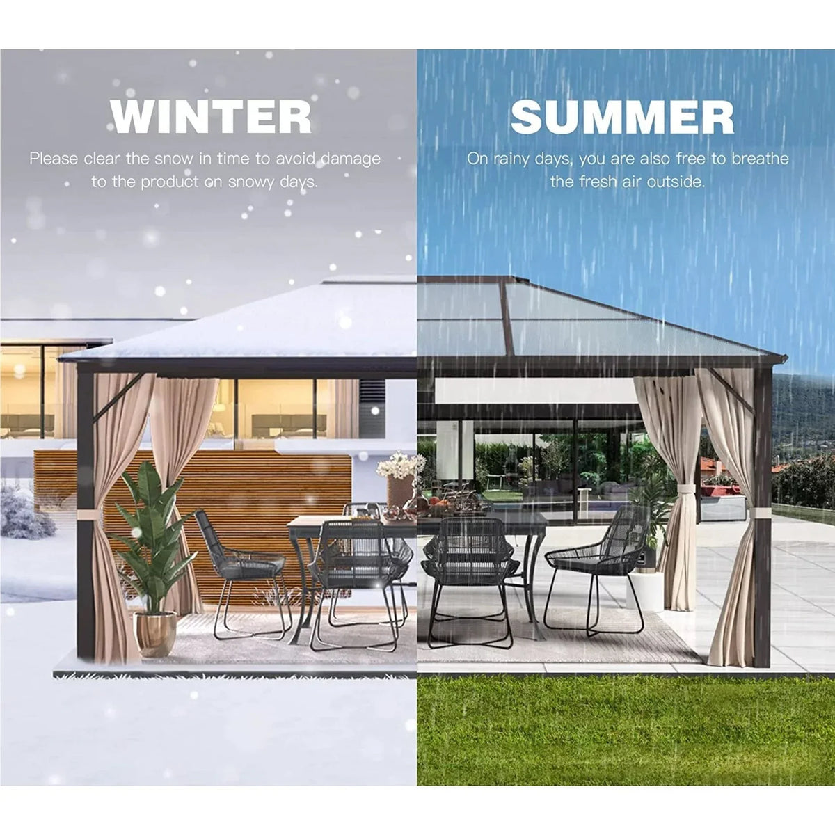 EROMMY Pavillon mit festem Dach, Pergola für den Außenbereich mit Doppeldach, Moskitonetz und Vorhängen, strapazierfähiges Sonnendach für Terrasse, Garten und Poolpartys