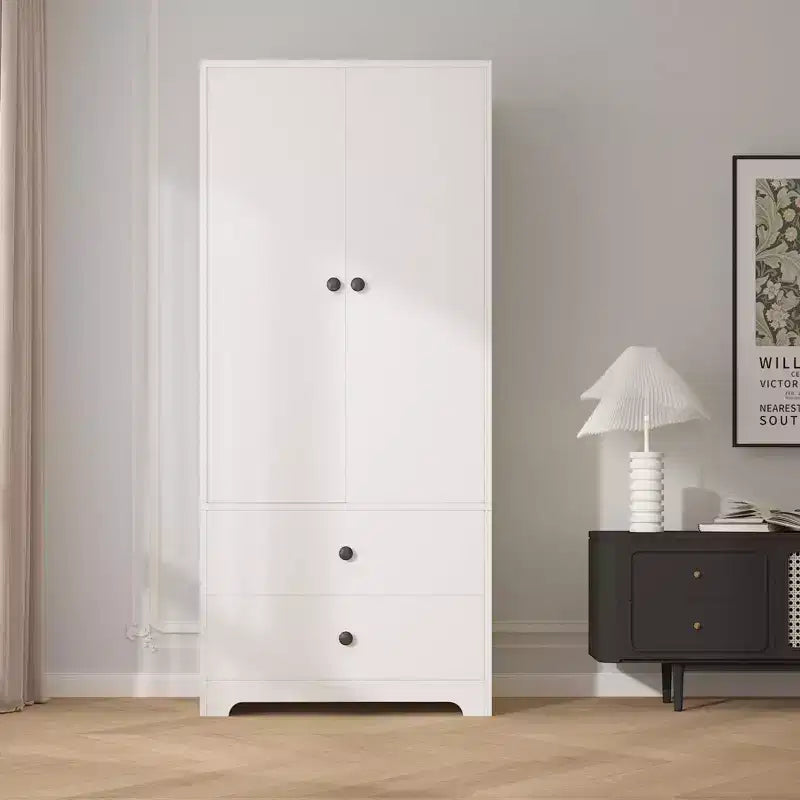 Armoire-penderie moderne en bois de 71 pouces pour chambre, avec 2 portes, 2 tiroirs, étagères réglables et tringle