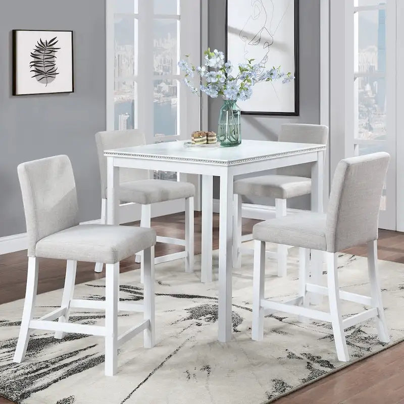 Moderne 5-delige eetset met vierkante tafel op aanrechthoogte en 4 gestoffeerde stoelen