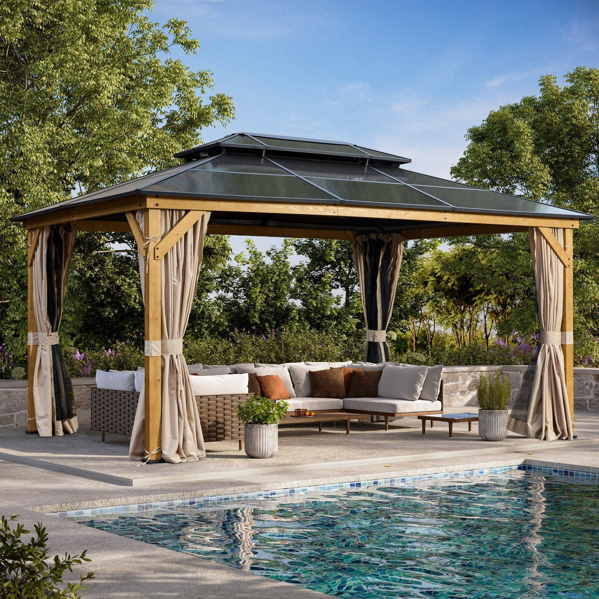 EROMMY Pavillon mit festem Dach, Pergola für den Außenbereich mit Doppeldach, Moskitonetz und Vorhängen, strapazierfähiges Sonnendach für Terrasse, Garten und Poolpartys