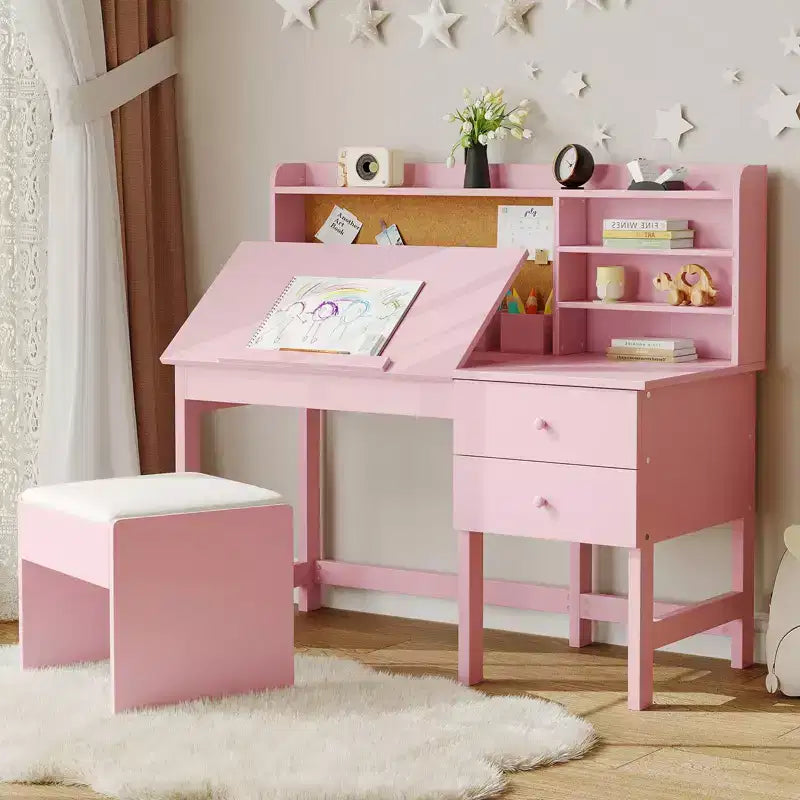 Schreibtisch- und Stuhlset für Kinder, hölzerner Lerntisch mit verstellbarer, neigbarer Tischplatte, Schubladen und Korktafel - Lernschreibtisch-Set für Kinder