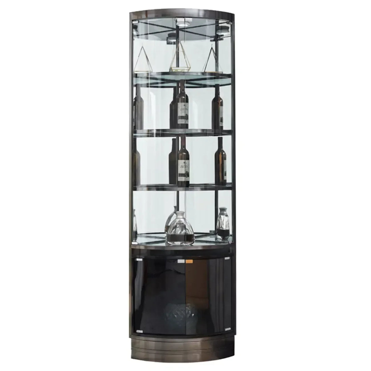 Meuble d’angle à plusieurs niveaux avec étagères en verre et métal, pour rangement, présentation et bouteilles de vin