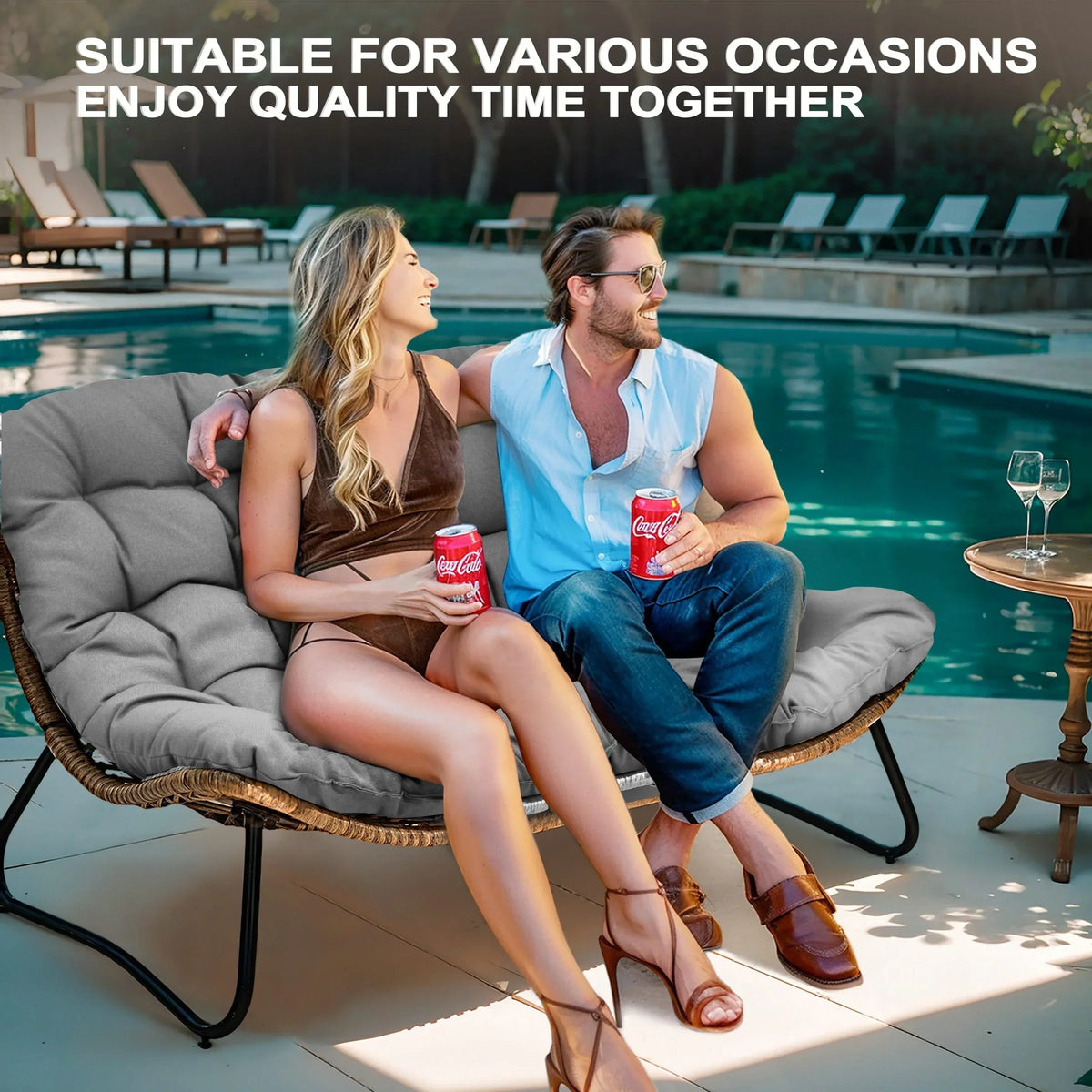 Doppel-Papasan-Sofa mit Sitzkissen, wetterfestes PE-Rattan und Metallgestell für Innen- und Außenbereich