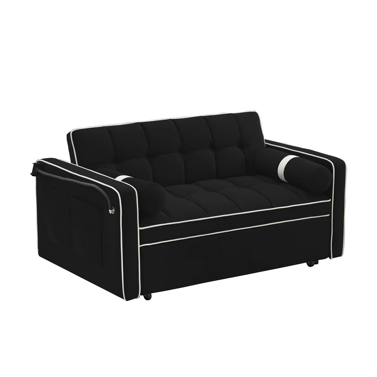 Canapé-lit convertible 2 places en velours de 55', avec lit escamotable, dossier inclinable réglable, poches latérales et support pour téléphone