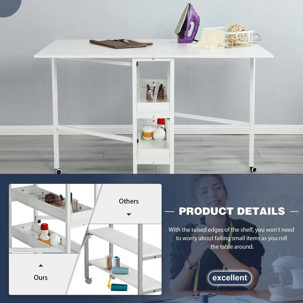 In hoogte verstelbare knutseltafel met opbergplanken, mobiele opvouwbare snijtafel voor thuiskantoor, naaikamer of hobbykamer