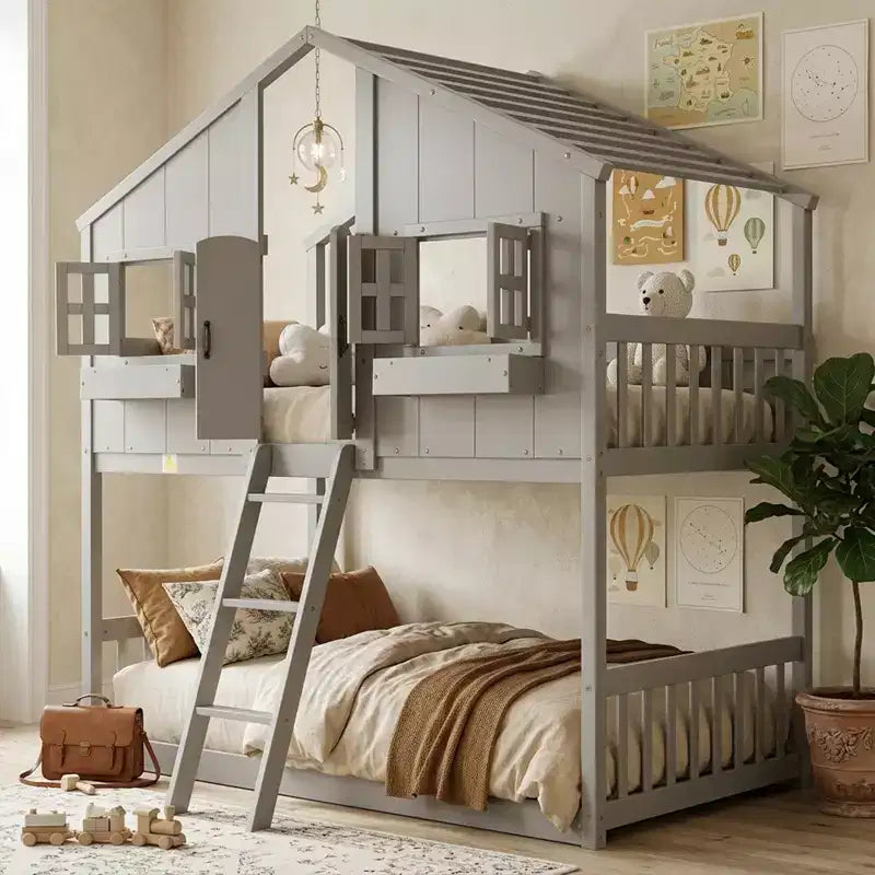 Hoogslaper in huisvorm voor een eenpersoonsbed, houten speelhuis-hoogslaper met ladder en veiligheidsleuningen voor kinderen